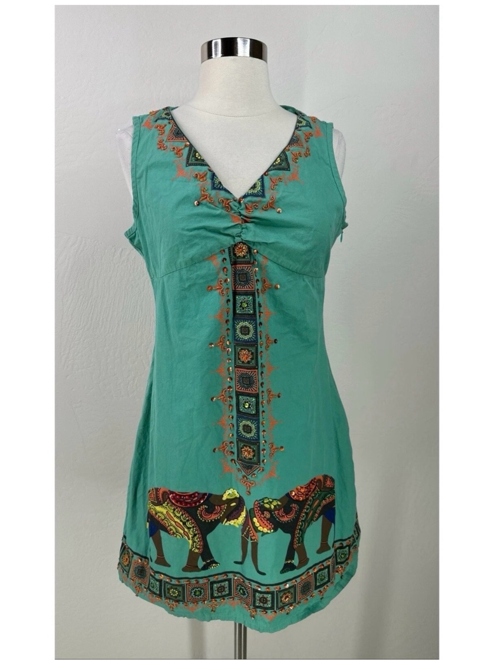 Free Girl Boho Embroidered Elephant Tank Dress - Turquoise